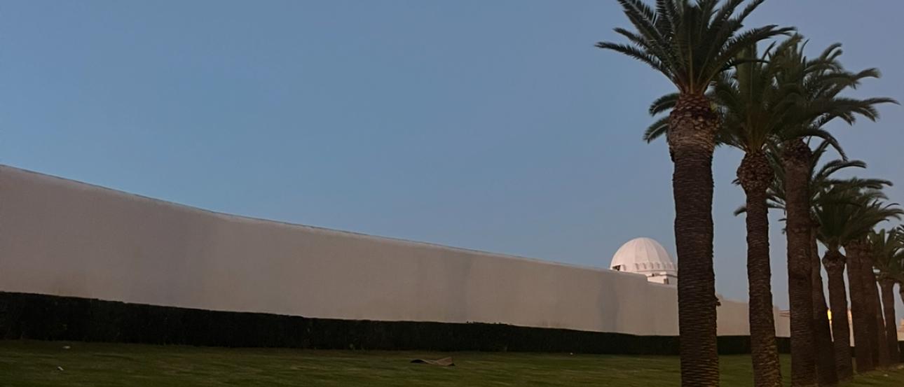 A white wall separates the twilight sky from the green grass in Rabat. The lighting is very dim, and the photo is simple: two palm trees dot the grass, and a white building connected to the wall peeks out at the right edge of the photo.
