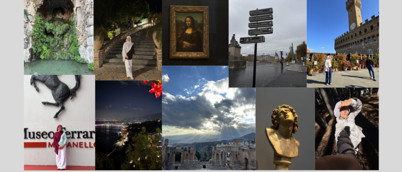 Collage of study, travel, and social moments abroad