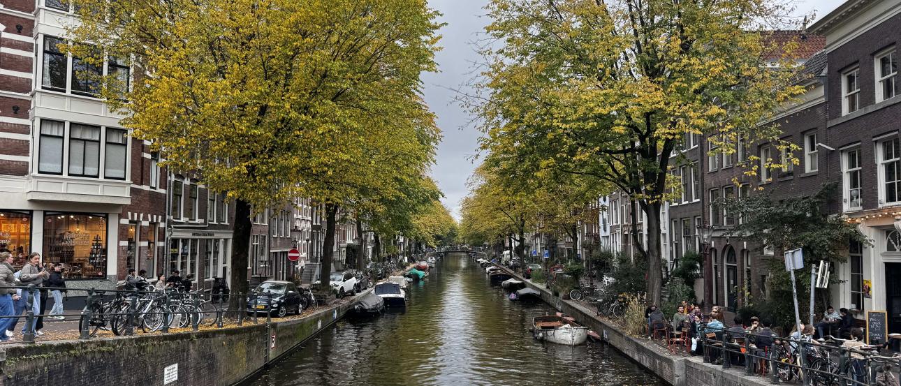 A river with trees and sidewalk to its sides