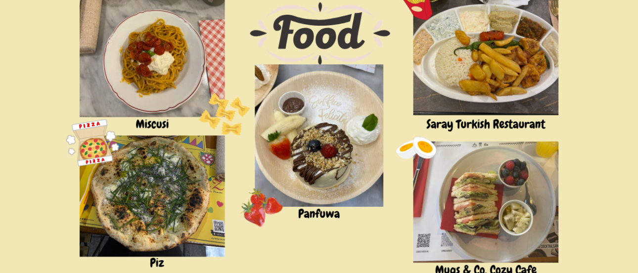 Collage of dishes of the five recommended food spots with labels.