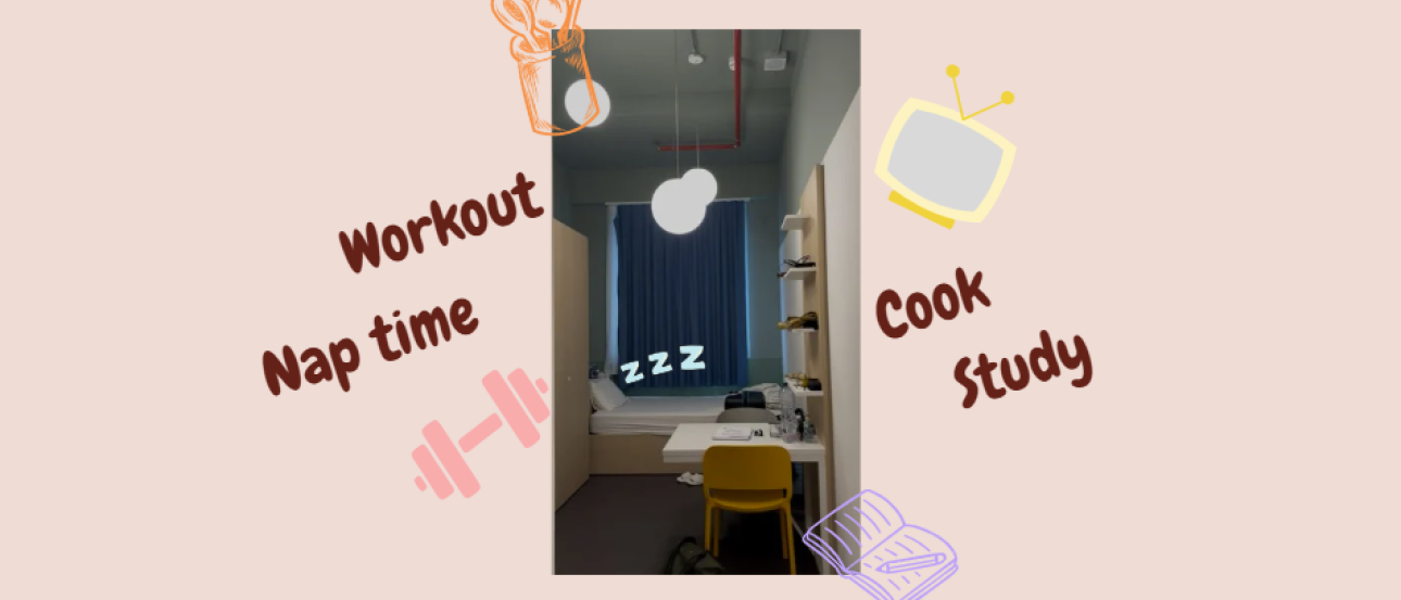 A picture of my Milan apartment with words around and small icons representing daily life.