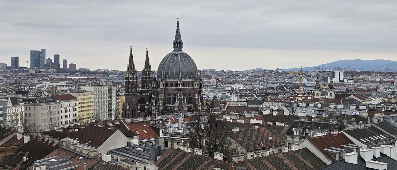 A photo of Vienna's Maria vom Siege, from far away, swimming in the city of Vienna.