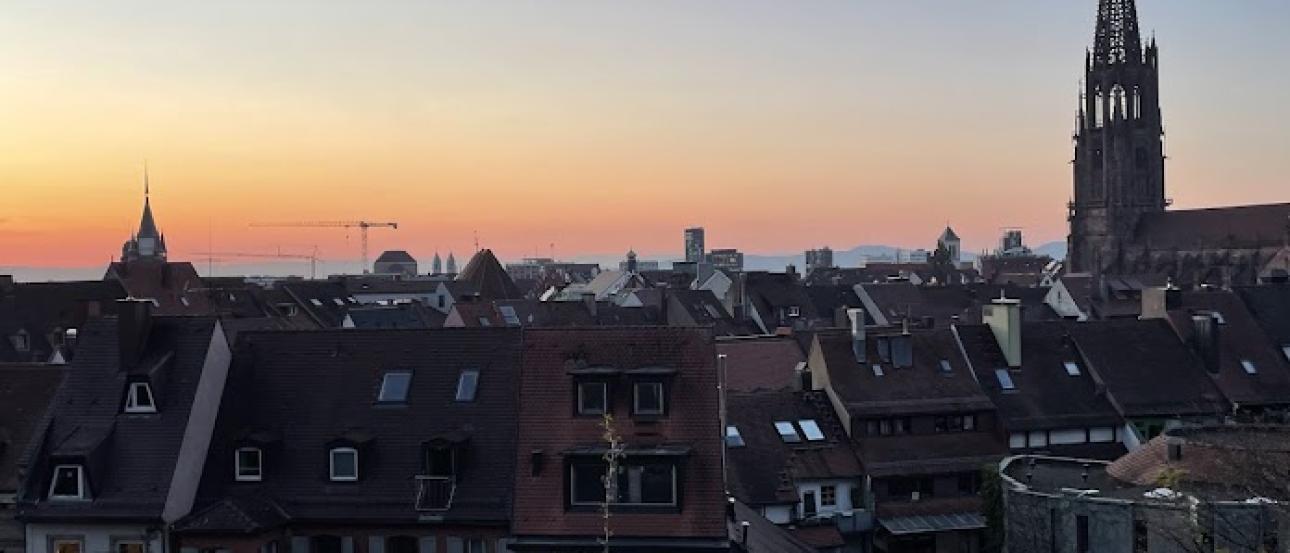 Sunset over the city of Freiburg, picture taken from a high angle