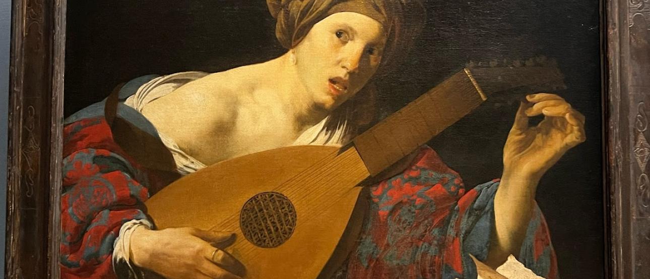 A photograph of the painting "Woman Playing the Lute" by Hendrick ter Brugghen from the Kunsthistorisches Museum in Vienna, Austria.