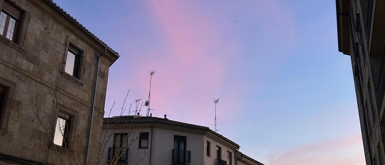 A beautiful sunset with hues purple, pink, blue, and yellow. 