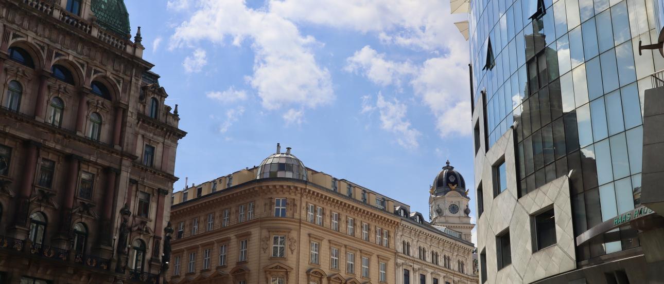 View from Vienna's city center of modern and old-fashioned buildings.