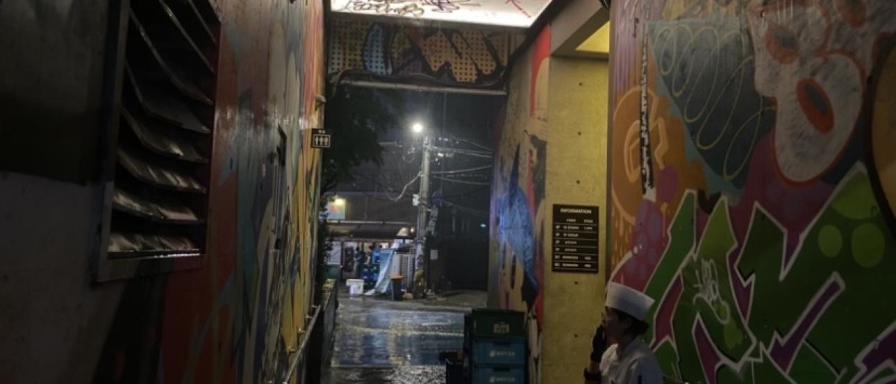 A dark alley with a chef on their smoke break.