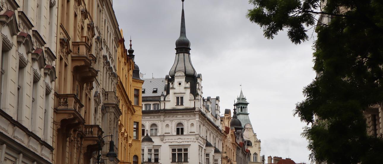 Colored buildings lining the street