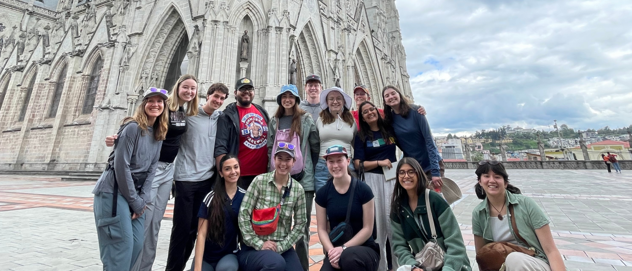 Colgate University students in front of the Basilica church in Quito, Ecuador