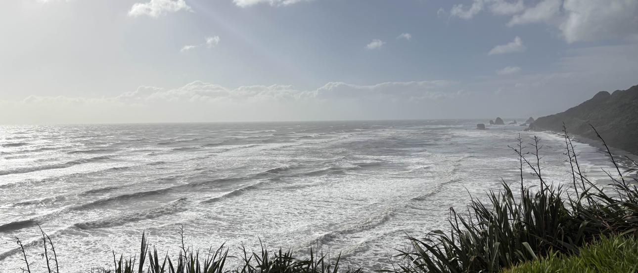 A landscape view of the crashing waves of the West Coast.