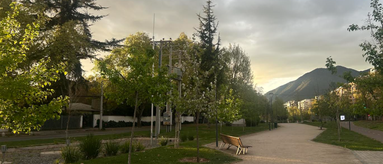 The sun is setting in Las Condes, Santiago with a mountain in the background and several trees shown