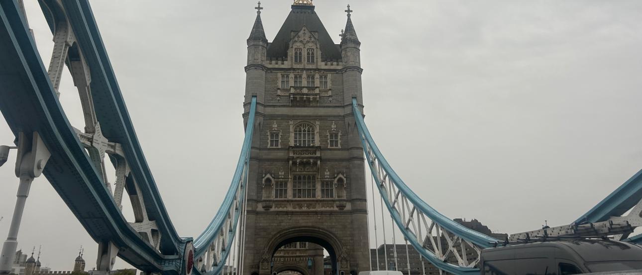 Tower Bridge in London on a cloudy day.