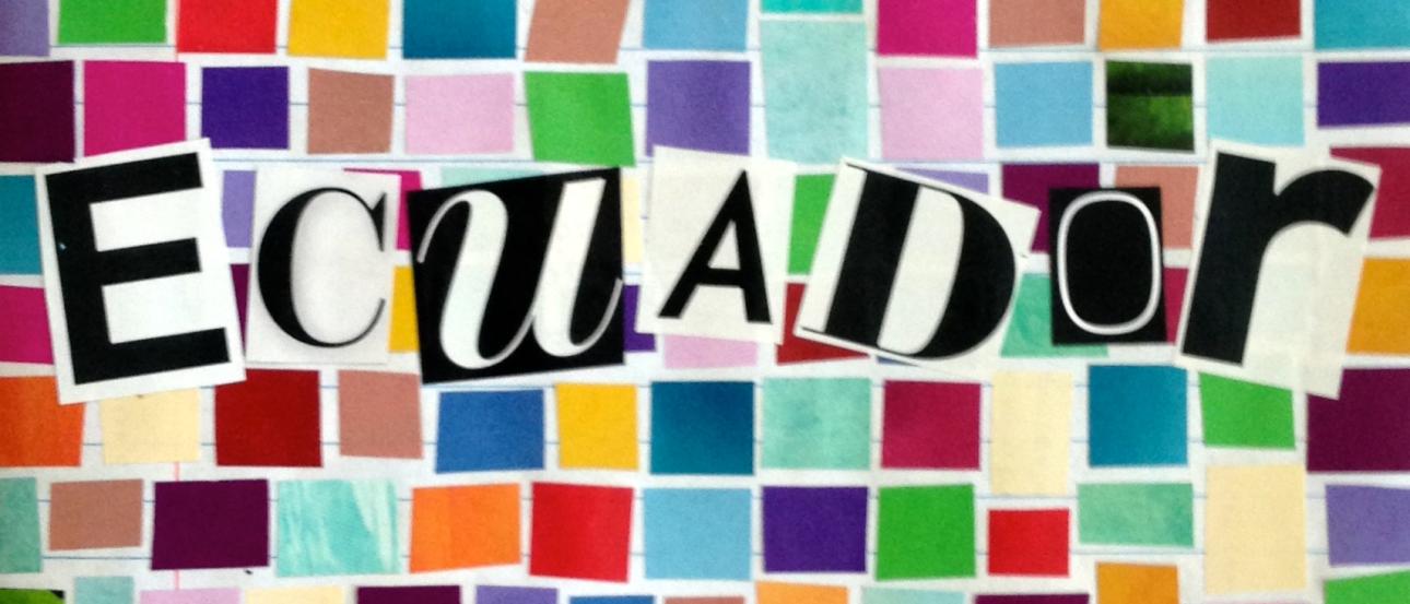 Assorted postcards arranged on a red and orange bed.  
Colorful mosaic with "Ecuador" text. This alt text was added with Al; accuracy may vary.