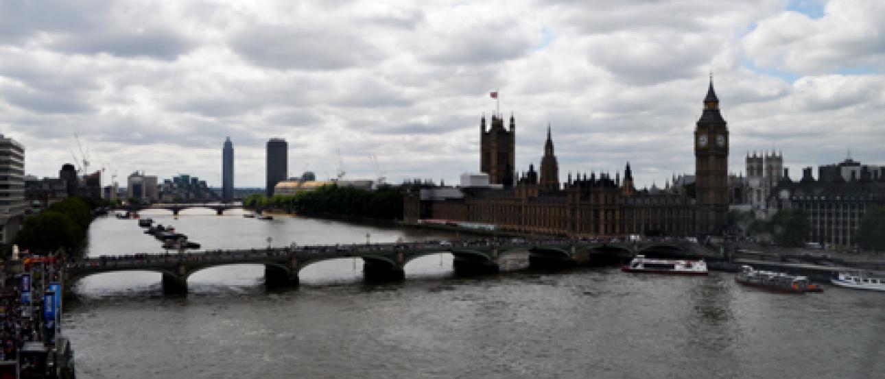 A picture of Big Ben and the London Bridge from the London Eye.