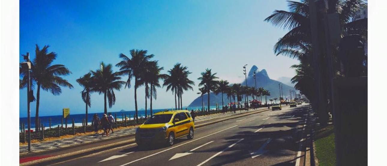 Avenida by the ocean lined with palm trees, yellow car driving, blue sky. This alt text was added with Al; accuracy may vary.
