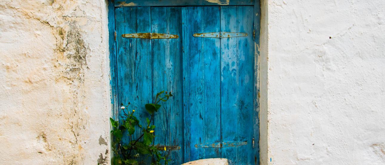 Weathered blue wooden door set in a white wall with some plants nearby. This alt text was added with Al; accuracy may vary.