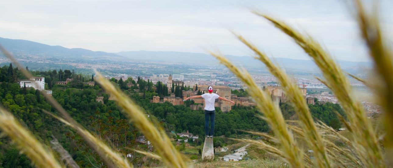 A hand framing a distant lighthouse with stone path along the water. This alt text was added with Al; accuracy may vary.