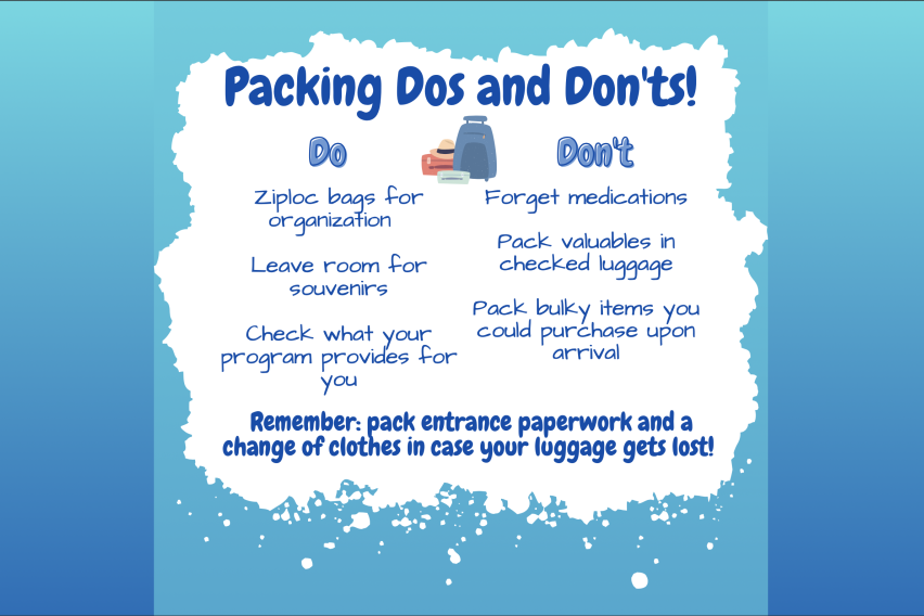 A white and blue graphic titled 'Packing Dos and Don'ts!' The text reiterates advice from the 'Packing' section of this blog post.