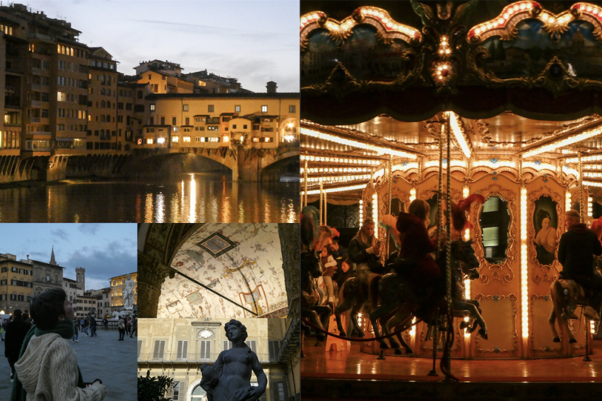 Collage of the evening light, architecture, and sculptures of Florence
