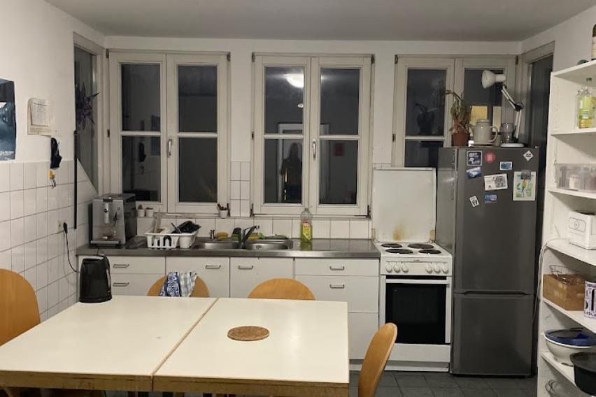 view of a small kitchen with a shelf, refrigerator, sink, windows, central table, and couch