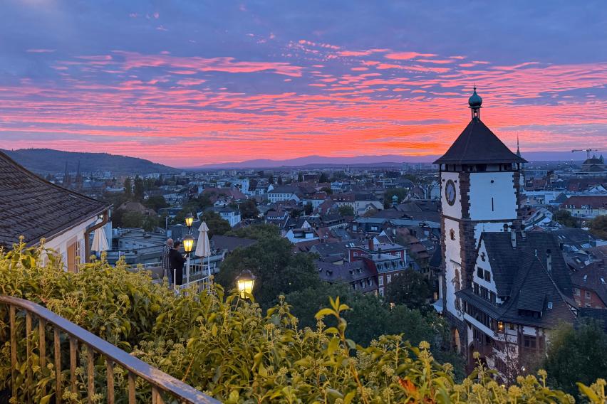 Looking out into the skyline of Freiburg at sunset