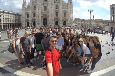 Student group selfie at the Duomo in Milan