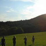 4 studends are walking in the field going into Vienna Woods 