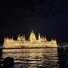 The Hungarian Parliament illuminates the Danube river under a night sky.