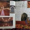 A spread of two journal pages. The left page has pictures of a young woman with a flowing pink scarf against a red rock formation, a blue and green mosaic fountain, and a postcard of the interior of Hassan II Mosque. The right page has a postcard of a pile of oranges against an orange wall, a piece of drawing paper with Arabic song lyrics in colored pencil, a picture of a doorway with plants, and a collaged stylized illustration of a man in colorful robes sitting on a rug.
