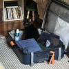 A small black cat sitting in a half-filled suitcase, looking back at the camera
