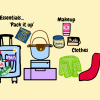 Drawing of travel essentials including luggage, clothes, and a few makeup item, with words describing the different categories. 