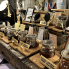 An assortment of teas and coffees on a wooden table in a cafe in Ikebukuro