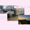 Three picture collage: the first is of a tram in Milan, second is of the metro, and third is is sunset picture looking at traffic and a tram track.