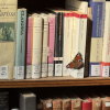 Books on a shelf with a butterfly