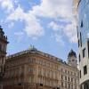 View from Vienna's city center of modern and old-fashioned buildings.