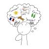 A black-and-white drawing of a cartoon person thinking about study abroad. Text and icons float above their head in a thought bubble.