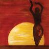There is a dark, femininely cocoa figure to the right side raising their hands to honor the rise of the sun. There is a half-circle sun in the background deepend with orange hues and brightened with yellow streaks layered in front of a deep crimson sky.