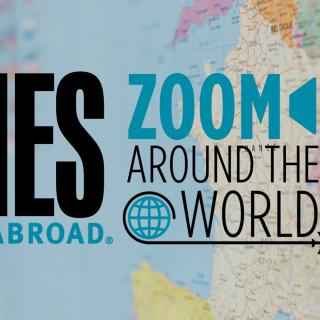 the Zoom Around the World logo in front of a world map