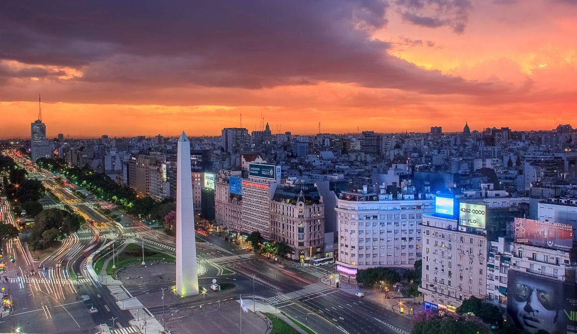 an aerial view of Buenos Aires and Obelisco at sunset