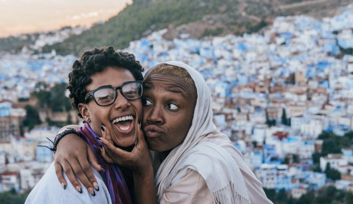 students posing for a fun photo in Chefchaouen, Morocco
