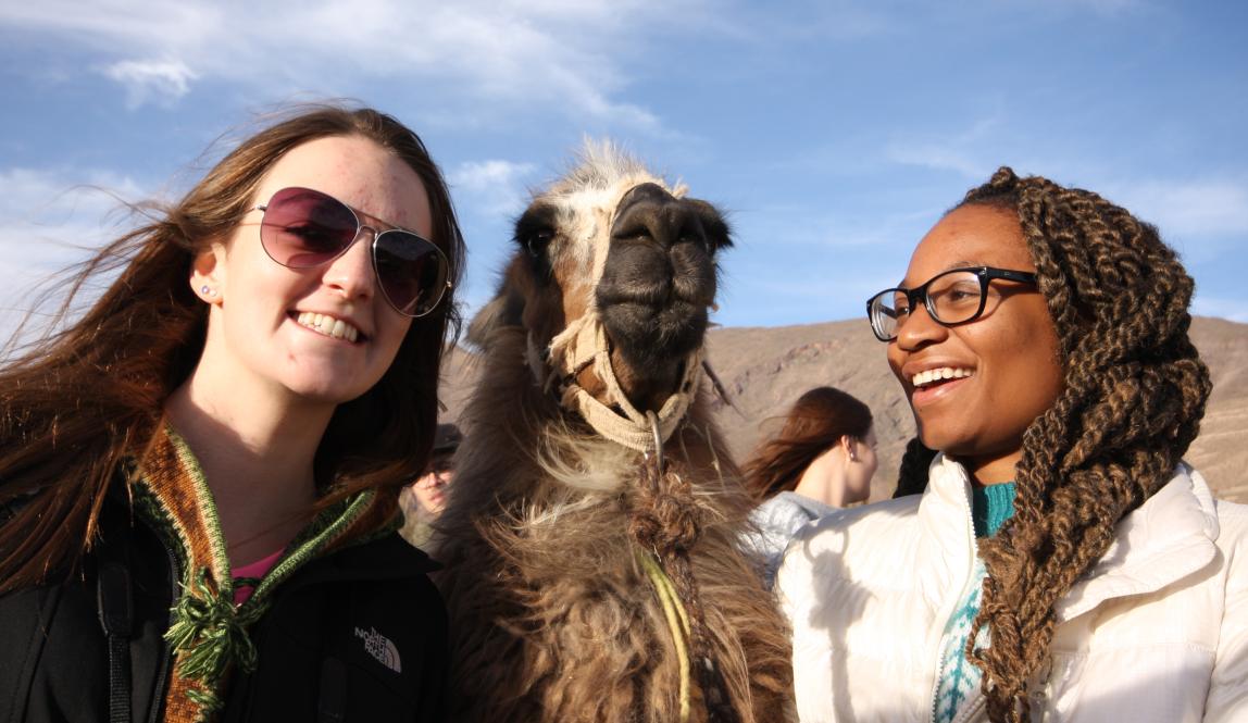 students pose for a photo with a llama in Jujuy