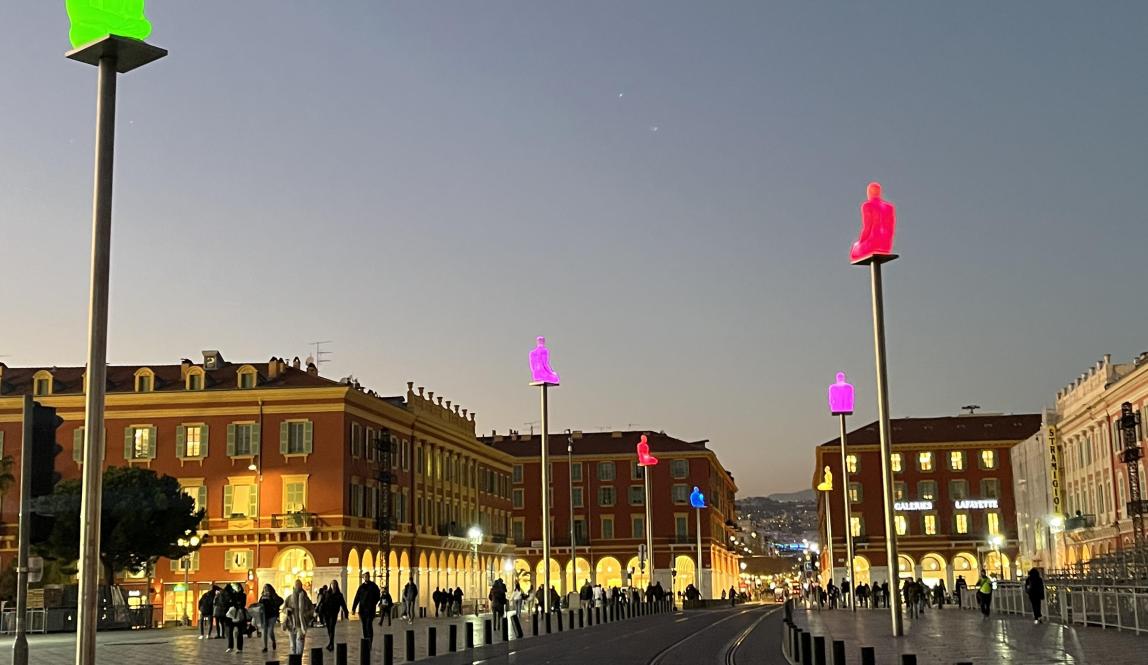 neon lit-up sculptures at Place Massena in Nice