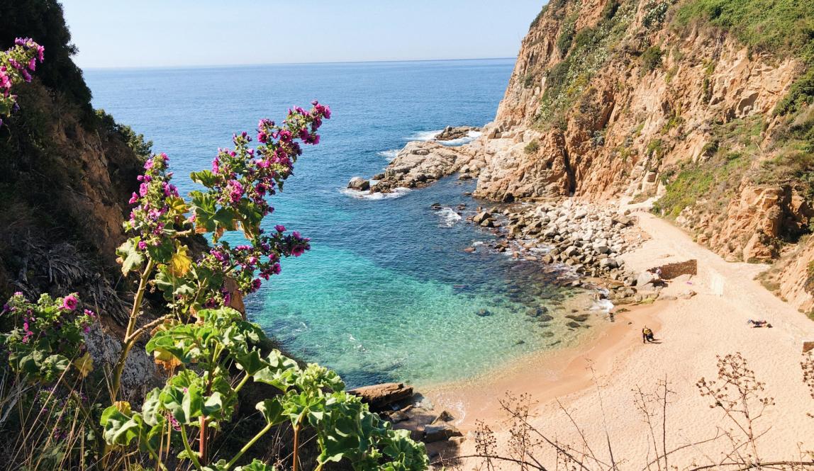 a secluded beach surrounded by natural cliffs and clear, blue waters