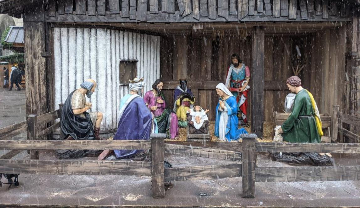You can see the snow falling on the Nativity at the Rathausplatz Christkindlmarkt