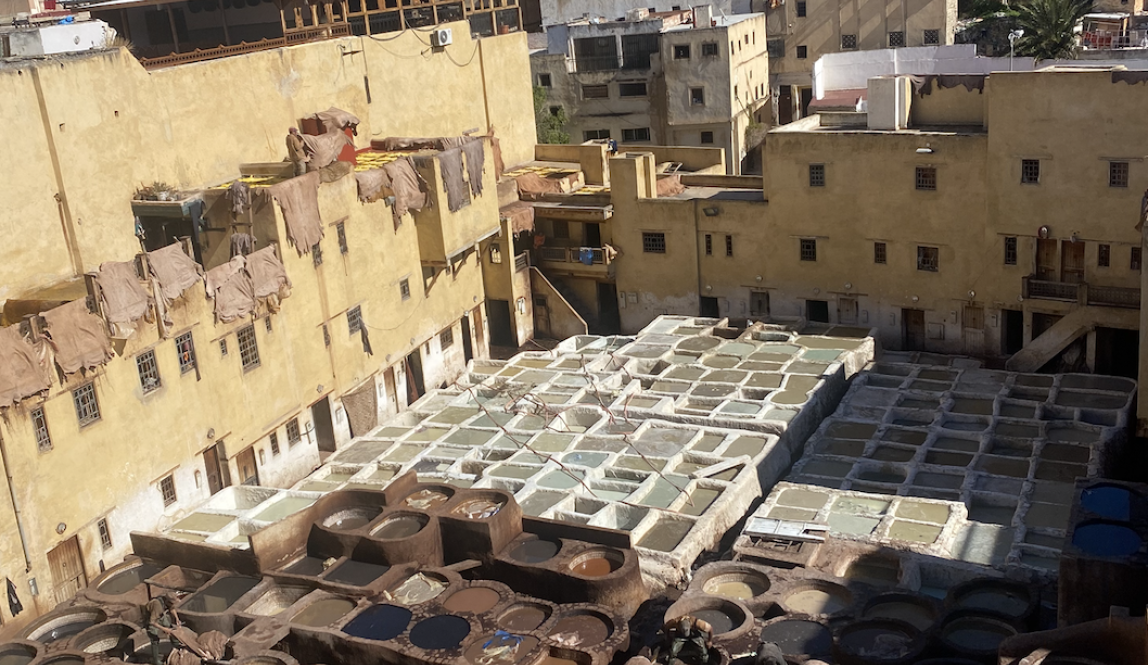 Overlook of the Fes Tanneries, brown circles full of dyes 