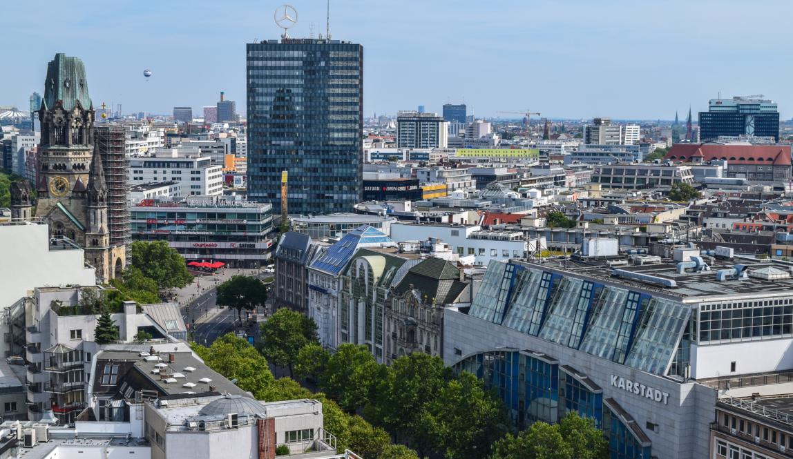 The view of the cityscape from Kurfürstendamm avenue in Berlin.