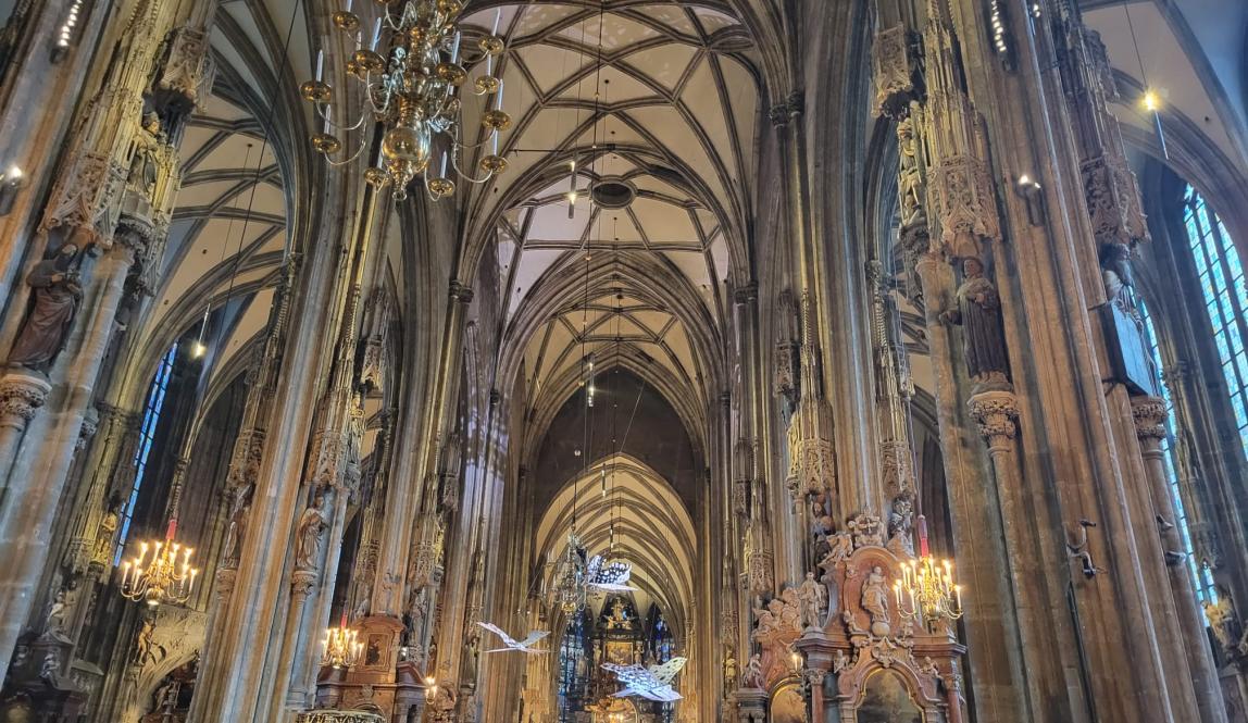 Shown is the awe-inspiring interior of St. Stephen's Cathedral, with its darker brown color scheme.