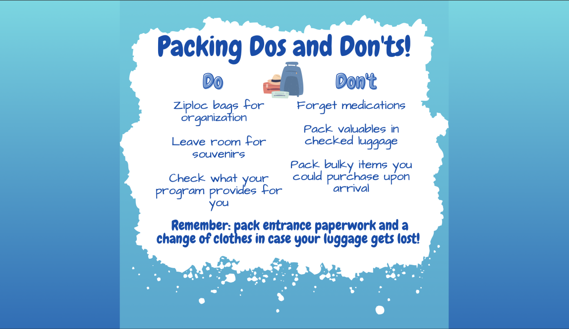A white and blue graphic titled 'Packing Dos and Don'ts!' The text reiterates advice from the 'Packing' section of this blog post.