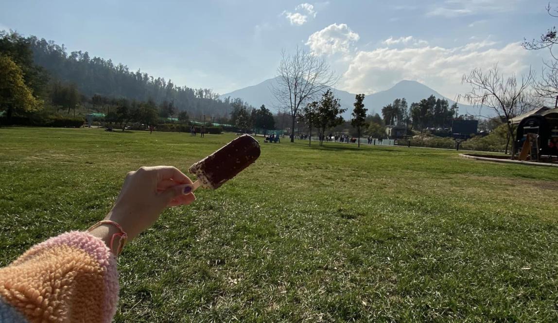 Leah sits on a towel in a grassy park, holding an ice cream bar up in front of the mountains.