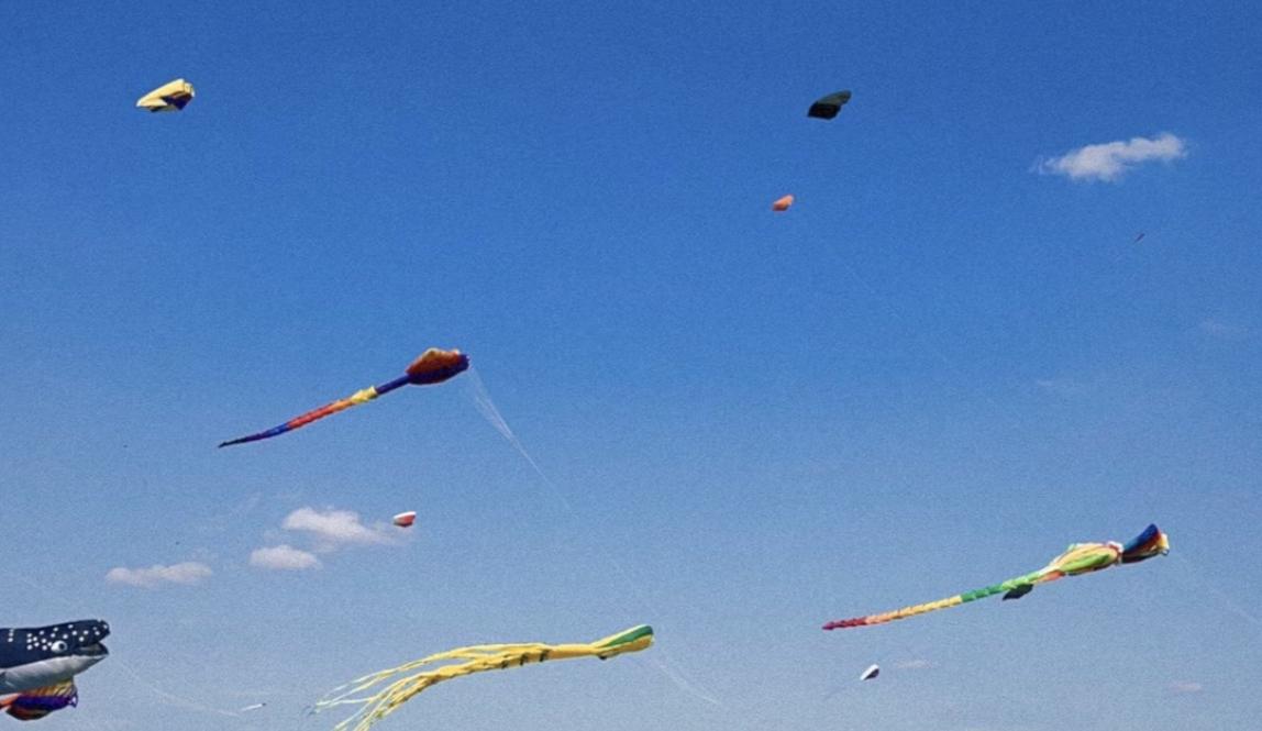 This photo shows a kite festival in Templehofer Feld in Berlin. Many multicolored kites fly over the green field on a clear day. 